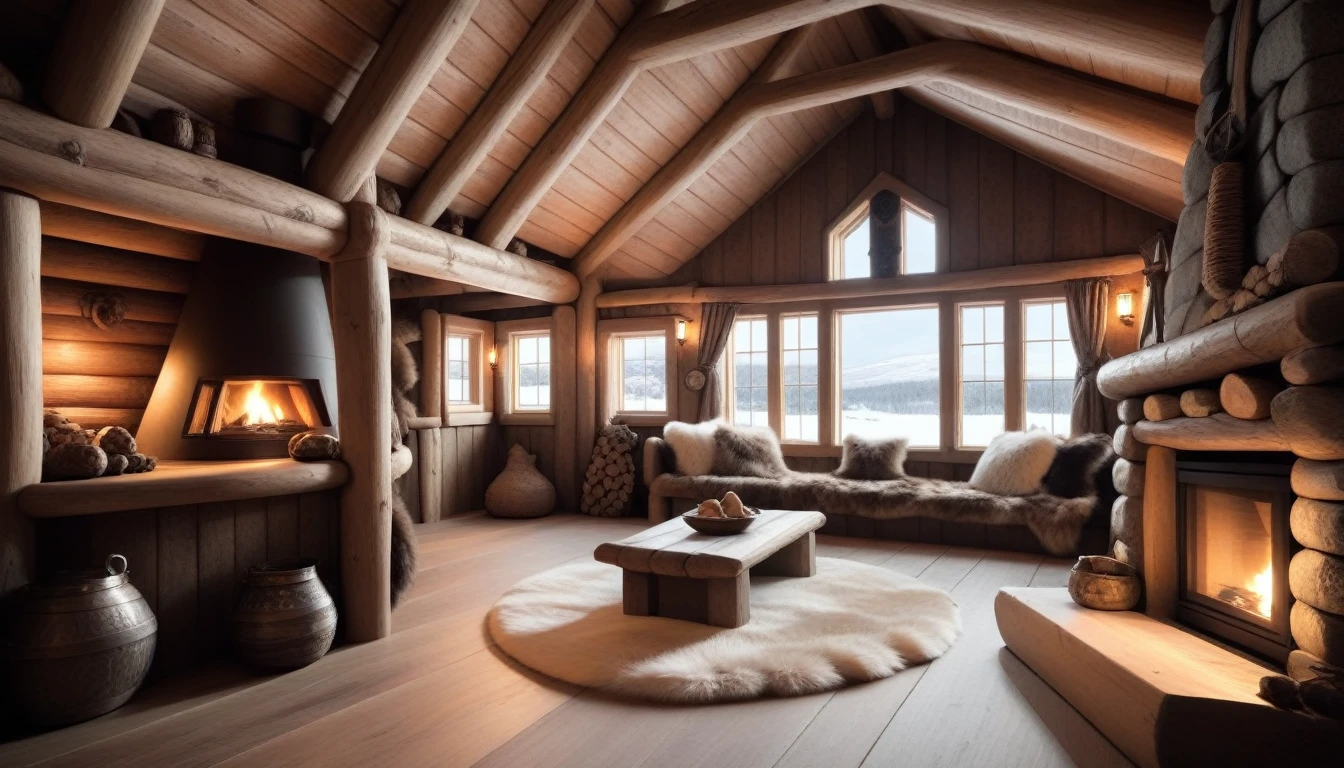 cozy interior viking house in Norway, with fireplace to the right, and a big window in the center highly detailed, realistic, warm lighting, rustic wood, furs, interior architecture, Nordic design