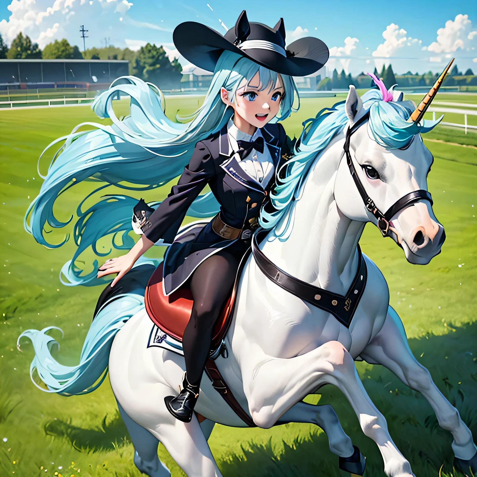 (A young woman is excited and feverish. A horse racing jockey with a crazy vibe wearing a black hat:1.2), whole body, Expression of joy, 
Beautiful Maidenhair Rider,
(She is galloping on a white unicorn Pegasus with sky blue hair。:1.4),
(She is wearing a colorful horse rider costume and a rider&#39;s hat。:1.4), 
Dynamic action horse riding,
Turf course at the racetrack in full bloom, 
A large audience, (High wind speed and grass effect)