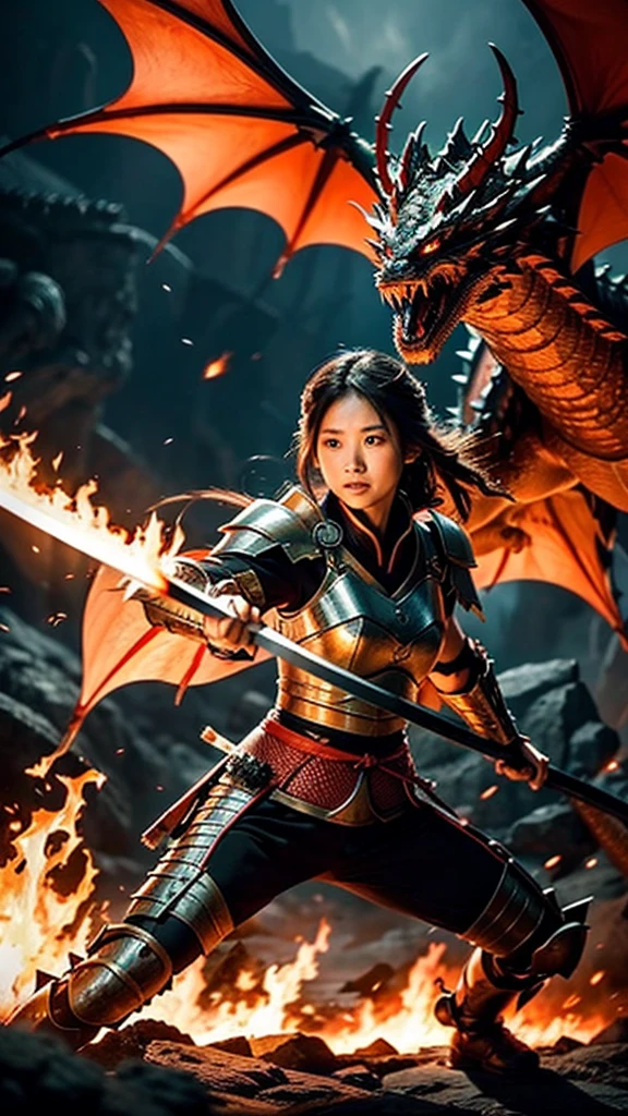 women With strong armor.
holding a long, drawn katana.
a huge dragon is seen spewing fierce flames.
dramatic background of fantasy warfare, dim light, flaming fire effect.