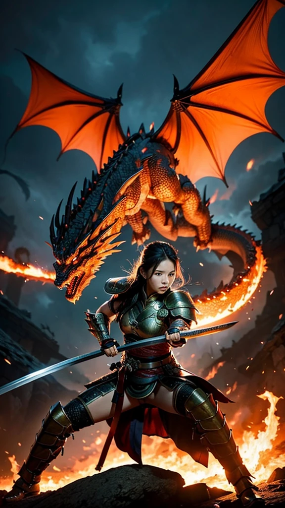 women With strong armor.
holding a long, drawn katana.
a huge dragon is seen spewing fierce flames.
dramatic background of fantasy warfare, dim light, flaming fire effect.