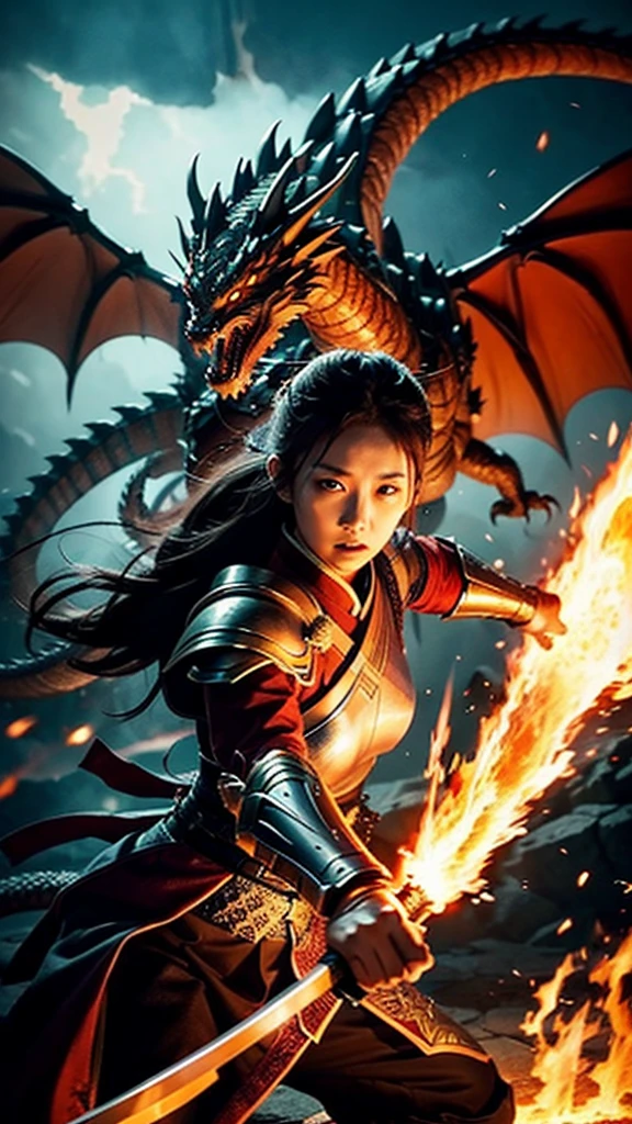 women With strong armor.
holding a long, drawn katana.
a huge dragon is seen spewing fierce flames.
dramatic background of fantasy warfare, dim light, flaming fire effect.
