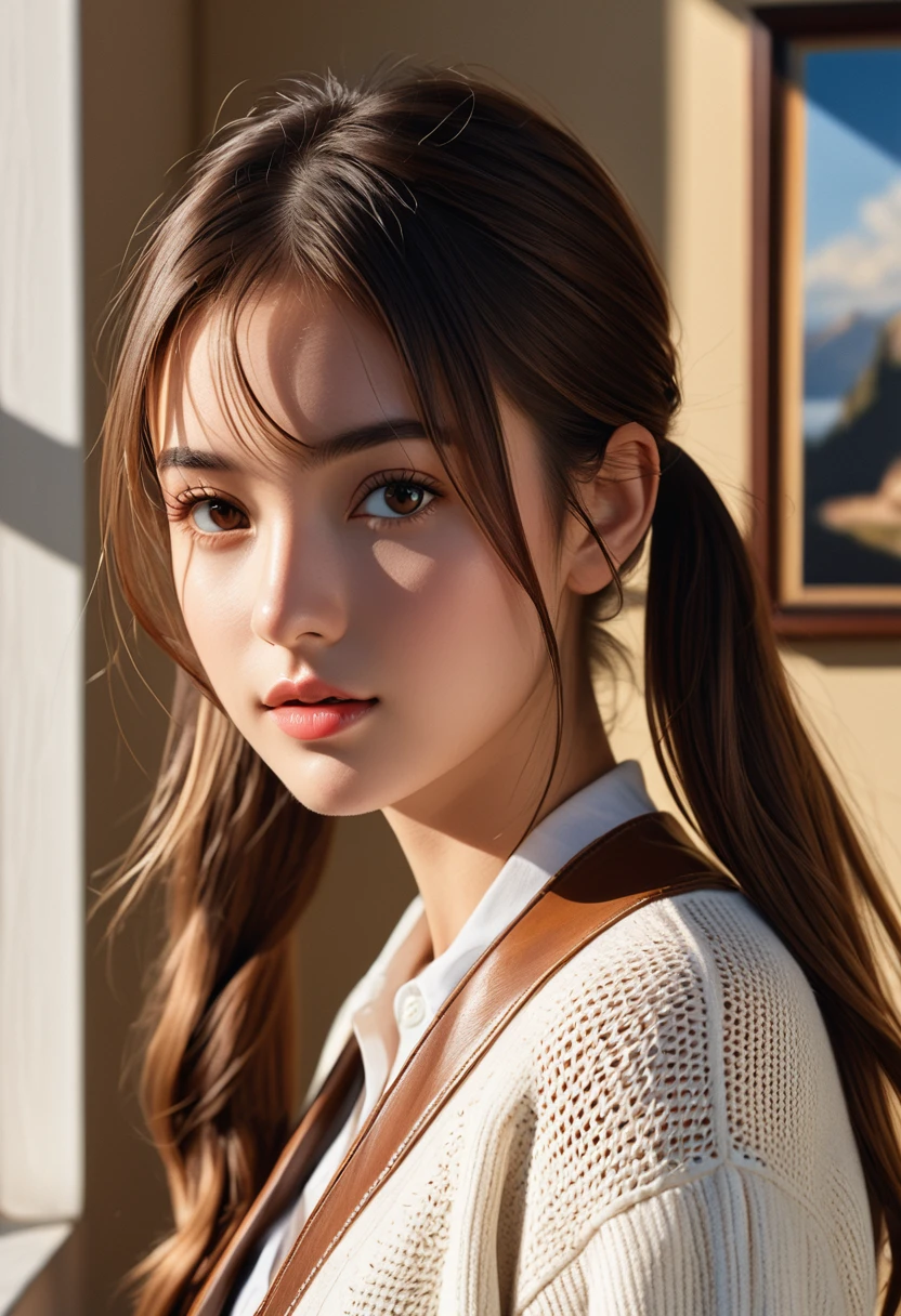 masterpiece, best quality, Ultra-high resolution (Reality: 1.4), original photo, 35mm lens, Aperture F1.4, poster, Light and Shadow, A girl, long_twintails, Wearing a white cardigan, Genuine Leather, (Skin details: 1.3),