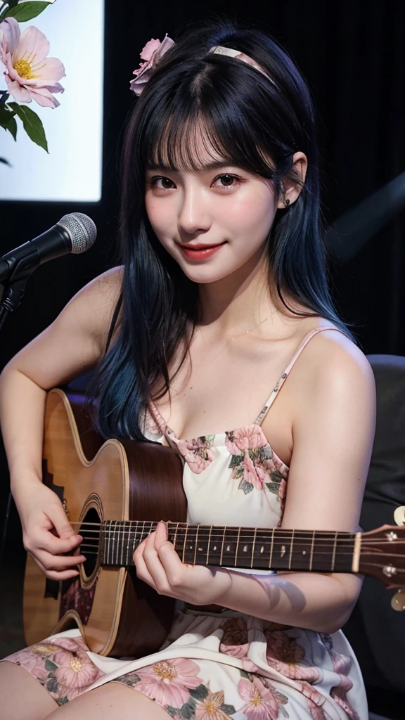 ((best quality)), photorealistic, photorealism, Photorealistic, high resolution, ((Wearing pink floral sheee dress, headband))、smile、A superb beauty、Super cute、adorable、ennui、Rare beauty、Very Short hair、Black Dark Eyeshadow、Sad、white skin、pale skin, Very short hair layered、Dark Gothic Makeup、Cute Smile、Fragrant beauty、Garden background、Mastepiece、Best Quality、Refers to 5 books、Sweat glistening on my chest、Sweat glistening on my face、Medium breasts、Blue hair、Age 20 years old、Mysterious look、A sad expression、Blue Hair、Glamorous concert stage、enchanting castle、Sweating profusely all over the body、A lot of sweat and light on the thighs、Shiny thighs、Plenty of sweat glistening on the thighs、A large amount of sweat glistens on my thighs、Sweating profusely、Gal、Medium breasts、Beautiful face、Alluring expression、Sitting、Sitting playing guitar、Thick thighs、Playing guitar、I have a guitar、Sing a song enthusiastically、Playing guitar in a band、Rock band、Playing guitar chords、Live House Background、Sing a song、Open your mouth、Live house scenery、Glamorous live stage、Dynamic Angle、Cinematic lighting