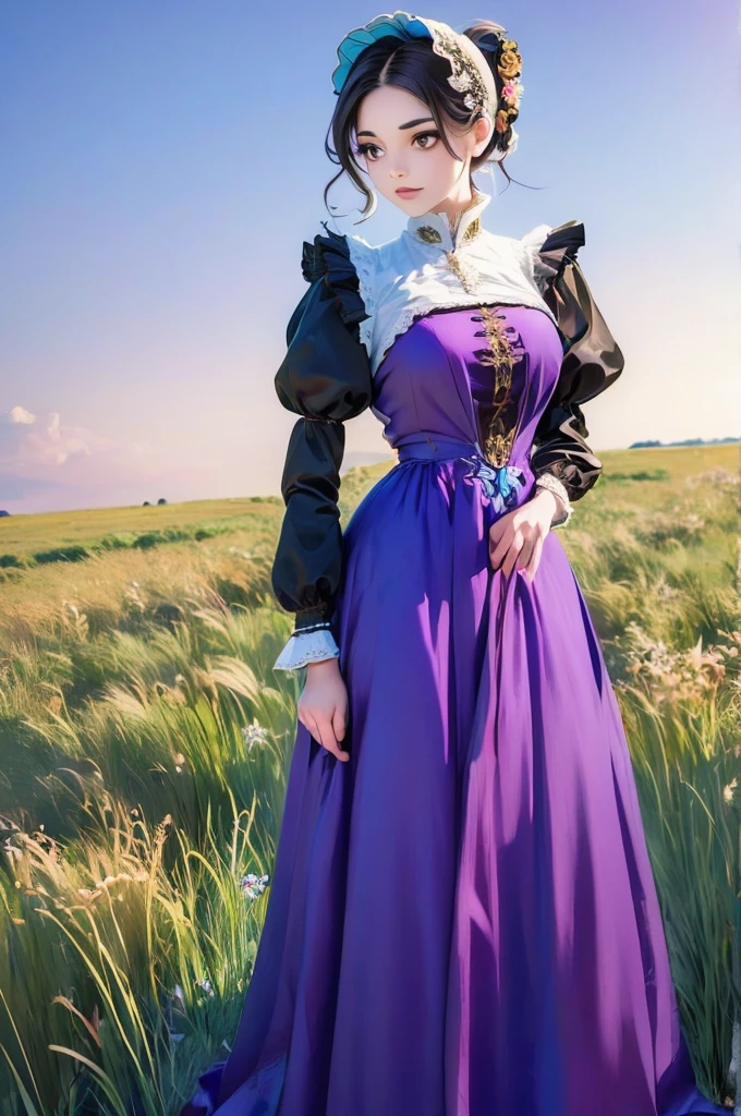 woman in a purple dress standing in a field of tall grass, black and violet costume, traditional costume, beautiful costume, costume with blue accents, very detailed and rich clothing, peasant dress, victorian inspired clothing, beautiful clothes, long dress with apron, victorian style costume, traditional dress, pretty clothing!, by Armin Baumgarten, traditional clothes, traditional clothing