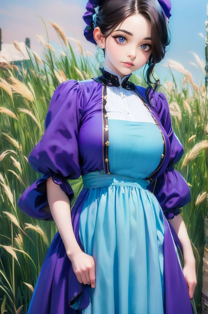 woman in a purple dress standing in a field of tall grass, a photo by Armin Baumgarten, flickr, renaissance, black and violet costume, traditional costume, beautiful costume, costume with blue accents, very detailed and rich clothing, peasant dress, victorian inspired clothing, beautiful clothes, long dress with apron, victorian style costume, traditional dress, pretty clothing!