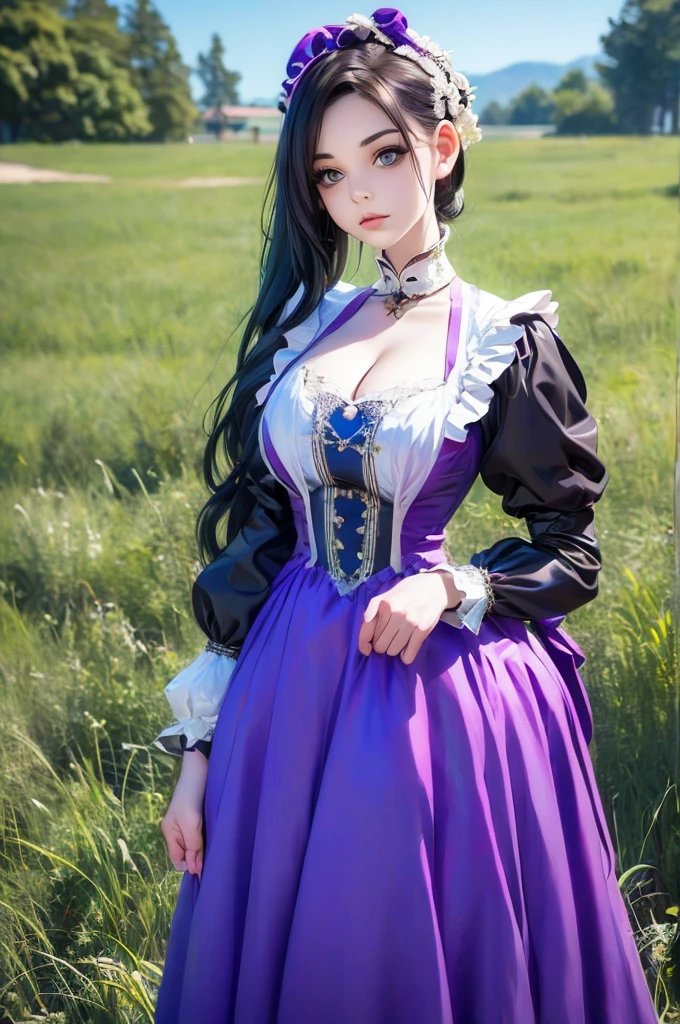 woman in a purple dress standing in a field of tall grass, a photo by Armin Baumgarten, flickr, renaissance, black and violet costume, traditional costume, beautiful costume, costume with blue accents, very detailed and rich clothing, peasant dress, victorian inspired clothing, beautiful clothes, long dress with apron, victorian style costume, traditional dress, pretty clothing!