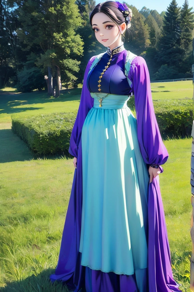woman in a purple dress standing in a field of tall grass, a photo by Armin Baumgarten, flickr, renaissance, black and violet costume, traditional costume, beautiful costume, costume with blue accents, very detailed and rich clothing, peasant dress, victorian inspired clothing, beautiful clothes, long dress with apron, victorian style costume, traditional dress, pretty clothing!