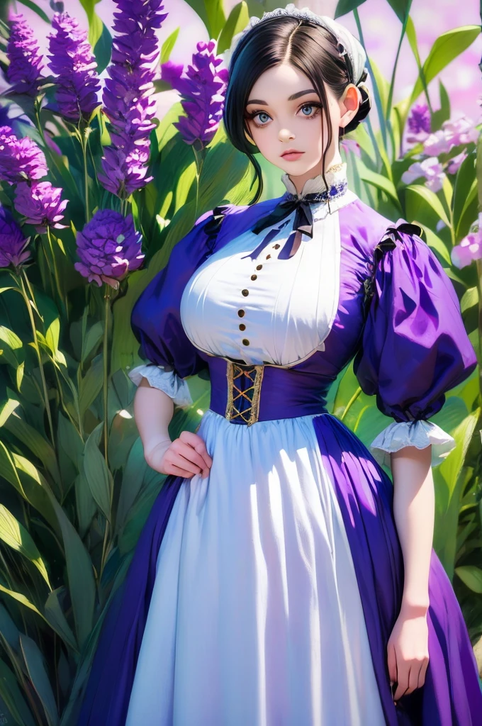 woman in a purple dress standing in a field of tall grass, black and violet costume, traditional costume, beautiful costume, costume with blue accents, very detailed and rich clothing, peasant dress, victorian inspired clothing, beautiful clothes, long dress with apron, victorian style costume, traditional dress, pretty clothing!, by Armin Baumgarten, traditional clothes, traditional clothing