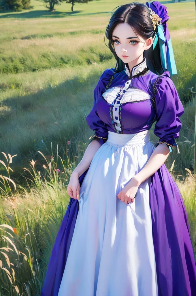 woman in a purple dress standing in a field of tall grass, black and violet costume, traditional costume, beautiful costume, costume with blue accents, very detailed and rich clothing, peasant dress, victorian inspired clothing, beautiful clothes, long dress with apron, victorian style costume, traditional dress, pretty clothing!, by Armin Baumgarten, traditional clothes, traditional clothing