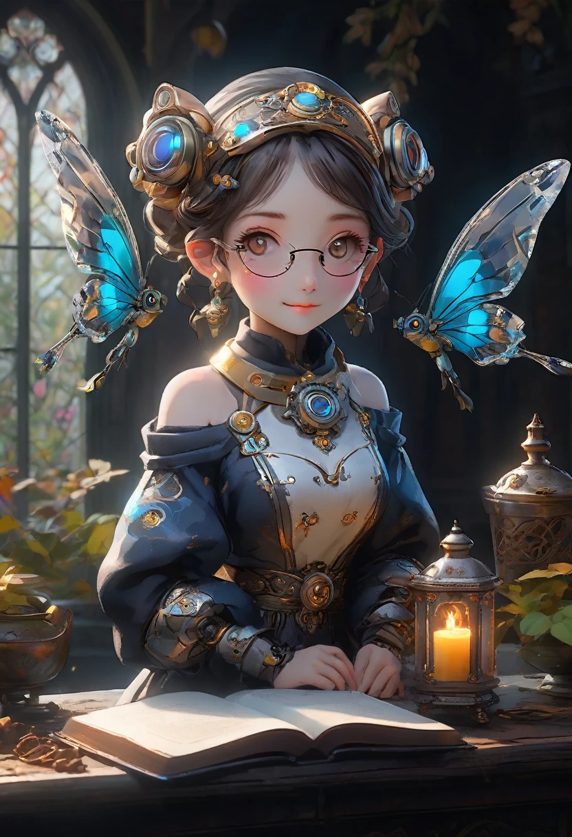 masterpiece, best quality, highly detailed,, solo, twintails, off-shoulder sweater, choker, large glasses, gold locket, jacket, hairband, looking at viewer, smile, blush, Wide Smile, Eyes Detailed & Wide, sexy Pose. Ultra HD, Rococo-Inspired Fantasy Art With Intricate Details. Cute, ooking at viewer Beautiful Eyes, An-Ideal-Figure. symmetrical face, photorealistic, photography, path tracing, specular lighting, volumetric face light, path traced hairmaximum quality{(masutepiece) (8K High Resolution) (top-quality) In the style of breath of the wild.medieval monastery garden,steampunk robot monk,beautiful ornate architecture,steampunk machinery and gears,exquisite stained glass windows,enchanted flower garden,ancient stone walkway with intricate carvings,glowing candles and dimly lit atmosphere,steam and smoke billowing from the machinery,mystical atmosphere,peaceful and serene setting,mechanical wings attached to the robot monk's back,robot monk with intricate clockwork mechanisms,electromechanical eyes glowing with energy,warm golden color palette,gentle sunlight streaming through the stained glass windows,whispering sound of wind and rustling leaves,the scent of aged books and incense,notes of ancient Gregorian chants echoing in the air,sense of awe and tranquility,combination of futuristic and medieval elements,harmony of technology and spirituality.
