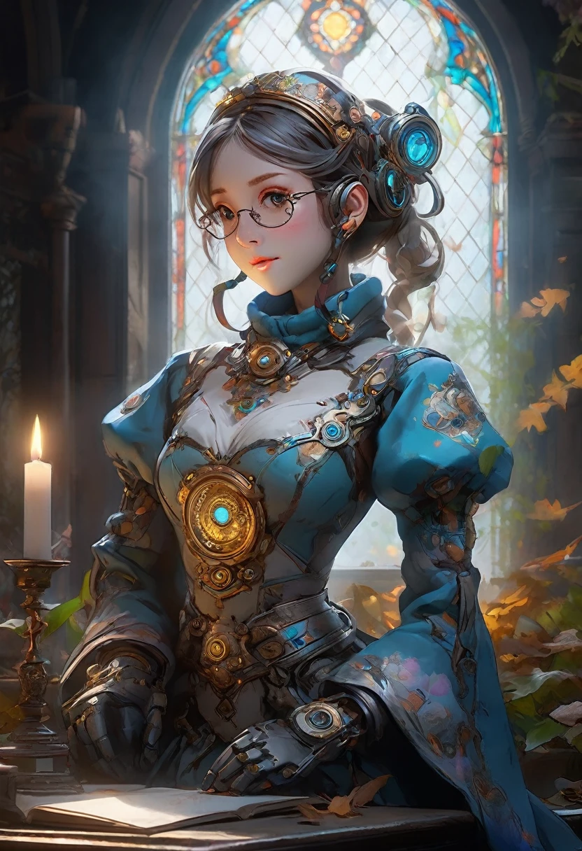 masterpiece, best quality, highly detailed,, solo, twintails, off-shoulder sweater, choker, large glasses, gold locket, jacket, hairband, looking at viewer, smile, blush, Wide Smile, Eyes Detailed & Wide, sexy Pose. Ultra HD, Rococo-Inspired Fantasy Art With Intricate Details. Cute, ooking at viewer Beautiful Eyes, An-Ideal-Figure. symmetrical face, photorealistic, photography, path tracing, specular lighting, volumetric face light, path traced hairmaximum quality{(masutepiece) (8K High Resolution) (top-quality) In the style of breath of the wild.medieval monastery garden,steampunk robot monk,beautiful ornate architecture,steampunk machinery and gears,exquisite stained glass windows,enchanted flower garden,ancient stone walkway with intricate carvings,glowing candles and dimly lit atmosphere,steam and smoke billowing from the machinery,mystical atmosphere,peaceful and serene setting,mechanical wings attached to the robot monk's back,robot monk with intricate clockwork mechanisms,electromechanical eyes glowing with energy,warm golden color palette,gentle sunlight streaming through the stained glass windows,whispering sound of wind and rustling leaves,the scent of aged books and incense,notes of ancient Gregorian chants echoing in the air,sense of awe and tranquility,combination of futuristic and medieval elements,harmony of technology and spirituality.
