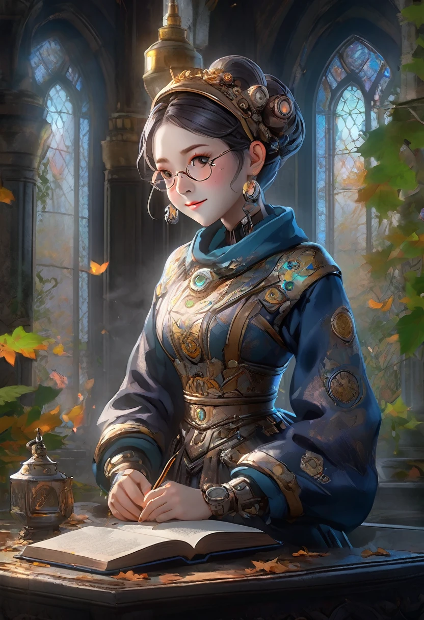 masterpiece, best quality, highly detailed,, solo, twintails, off-shoulder sweater, choker, large glasses, gold locket, jacket, hairband, looking at viewer, smile, blush, Wide Smile, Eyes Detailed & Wide, sexy Pose. Ultra HD, Rococo-Inspired Fantasy Art With Intricate Details. Cute, ooking at viewer Beautiful Eyes, An-Ideal-Figure. symmetrical face, photorealistic, photography, path tracing, specular lighting, volumetric face light, path traced hairmaximum quality{(masutepiece) (8K High Resolution) (top-quality) In the style of breath of the wild.medieval monastery garden,steampunk robot monk,beautiful ornate architecture,steampunk machinery and gears,exquisite stained glass windows,enchanted flower garden,ancient stone walkway with intricate carvings,glowing candles and dimly lit atmosphere,steam and smoke billowing from the machinery,mystical atmosphere,peaceful and serene setting,mechanical wings attached to the robot monk's back,robot monk with intricate clockwork mechanisms,electromechanical eyes glowing with energy,warm golden color palette,gentle sunlight streaming through the stained glass windows,whispering sound of wind and rustling leaves,the scent of aged books and incense,notes of ancient Gregorian chants echoing in the air,sense of awe and tranquility,combination of futuristic and medieval elements,harmony of technology and spirituality.
