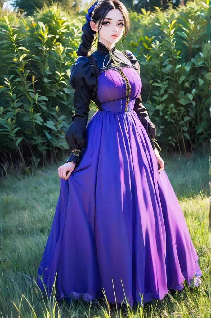 woman in a purple dress standing in a field of tall grass, a photo by Armin Baumgarten, flickr, renaissance, black and violet costume, traditional costume, beautiful costume, costume with blue accents, very detailed and rich clothing, peasant dress, victorian inspired clothing, beautiful clothes, long dress with apron, victorian style costume, traditional dress, pretty clothing!