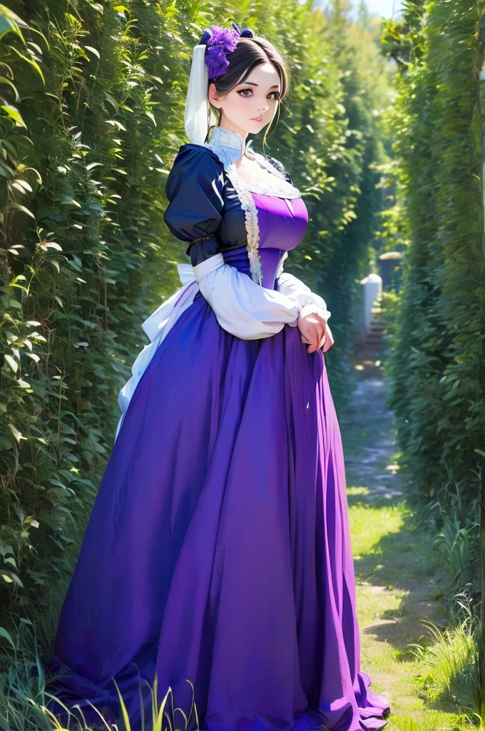 woman in a purple dress standing in a field of tall grass, a photo by Armin Baumgarten, flickr, renaissance, black and violet costume, traditional costume, beautiful costume, costume with blue accents, very detailed and rich clothing, peasant dress, victorian inspired clothing, beautiful clothes, long dress with apron, victorian style costume, traditional dress, pretty clothing!