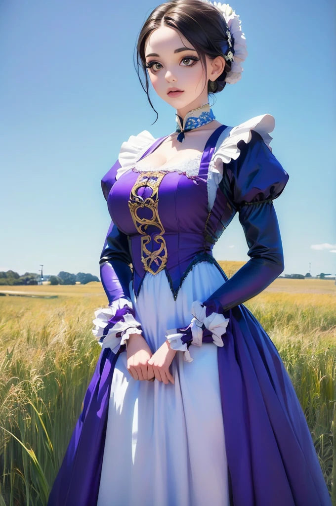 woman in a purple dress standing in a field of tall grass, a photo by Armin Baumgarten, flickr, renaissance, black and violet costume, traditional costume, beautiful costume, costume with blue accents, very detailed and rich clothing, peasant dress, victorian inspired clothing, beautiful clothes, long dress with apron, victorian style costume, traditional dress, pretty clothing!