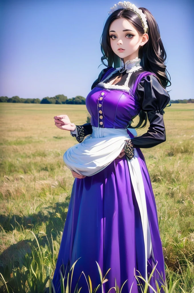 woman in a purple dress standing in a field of tall grass, a photo by Armin Baumgarten, flickr, renaissance, black and violet costume, traditional costume, beautiful costume, costume with blue accents, very detailed and rich clothing, peasant dress, victorian inspired clothing, beautiful clothes, long dress with apron, victorian style costume, traditional dress, pretty clothing!