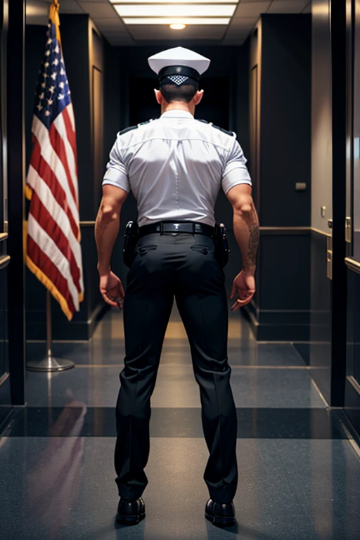 Rear view Male USA police officer, black uniform, short sleeved shirt, black shoes, hat,

