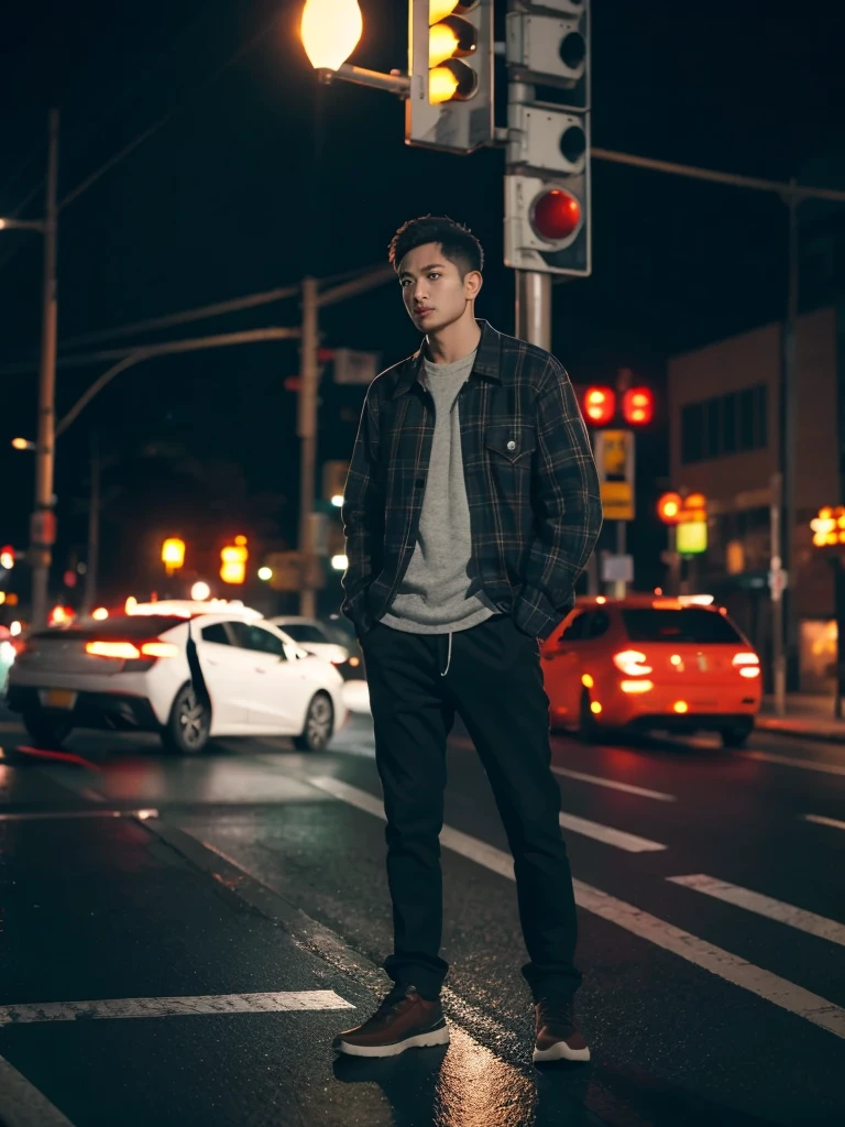 1 men, full body, flanel, night, traffic signlights, ultra detail, ultra resolution