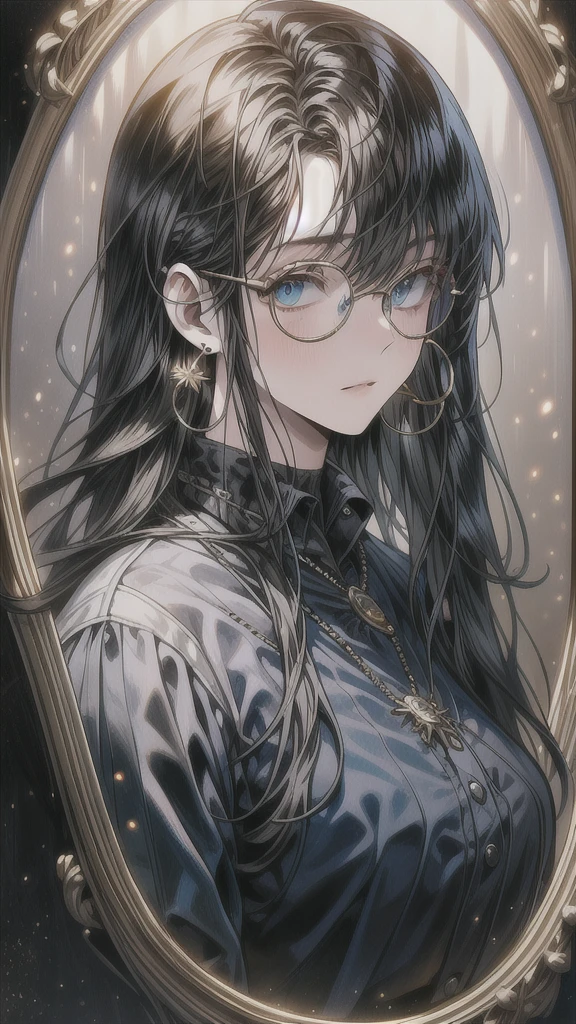 a young woman with long black hair, blue eyes, and round glasses, wearing a black hat with a golden detail, hoop earrings, and a thoughtful expression, detailed portrait, photorealistic, 8k, highres, masterpiece, intricate details, natural lighting, warm color tones