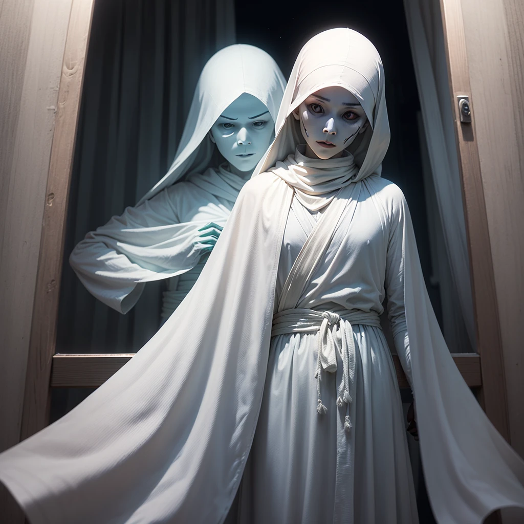 (("obsessive: Pocong figure in the dark night")) in a chilling and ominous composition. Create a scary scene with the Pocong figure., ghostly vision, wrapped in burial cloth, visible from the window into the pitch dark night. Illustrate the window, its wooden frame cast eerie shadows in the scanty moonlight., while a pale glow from within illuminates the room with a ghostly aura. Display a Pokong figurine, his shrouded form glowed faintly in the darkness, his empty gaze is fixed on the viewer, sending shivers down the spine. Capture an ominous presence, when it floats outside, his hands reach out to the window glass, increasing feelings of fear and horror. Depict the interior of the room, almost invisible in dim light, enhancing the exciting atmosphere. Emphasize the play of shadows and moonlight, creating a chilling atmosphere, causing fear and anxiety. Convey a feeling of horror and admiration, celebrating the Pocong figure&#39;s supernatural allure and blood-curdling fear, which she inspires. Use an artistic style, which emits ghostly visions and an eerie atmosphere., using (((pale moonlight and ghostly presence))) create a visually terrifying and captivating image of a pocong figure outside a window on a dark night., capturing the fear-inducing mystery of the supernatural and the mysterious nature of its ghostly existence.