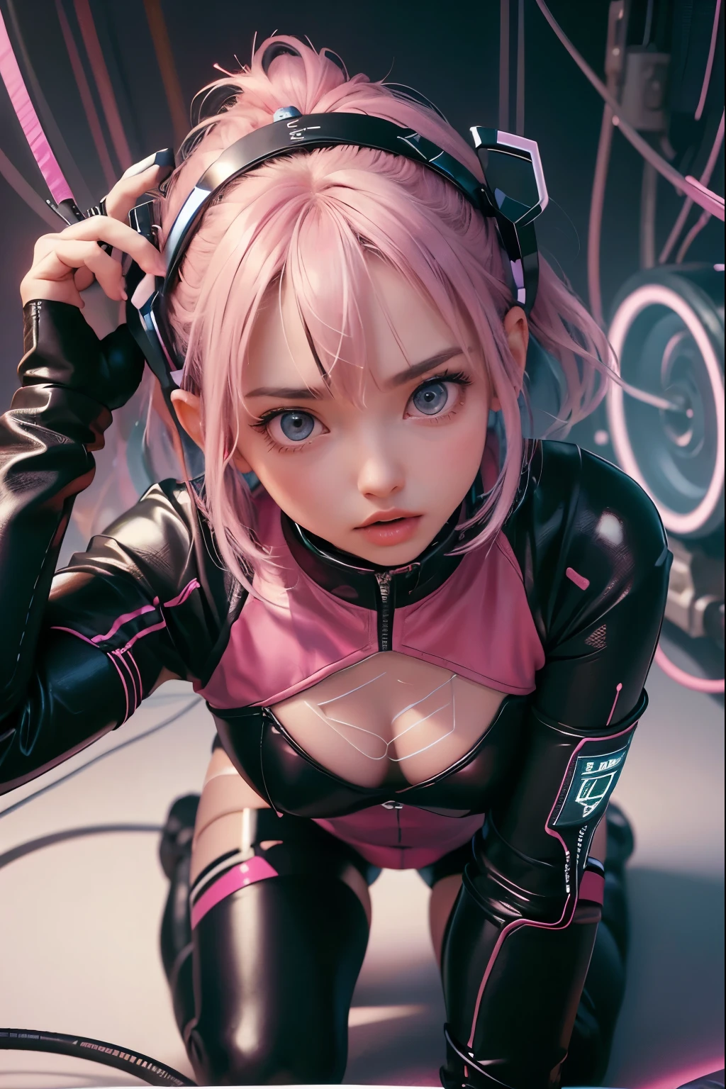 (highest quality:1.2), a 20-years-old girl is kneeling, connected to machines with many wires, looking up the ceil, a photorealistic cute gymnast, beautiful face, European face like a doll, open mouth with surprise, blank eyes, soul-less face with no emotion, Short-cut pink hair, full body portrait, wearing long sleeve leotard,tight-fitting colorful and extra shiny leotard, wearing colorful pantyhose