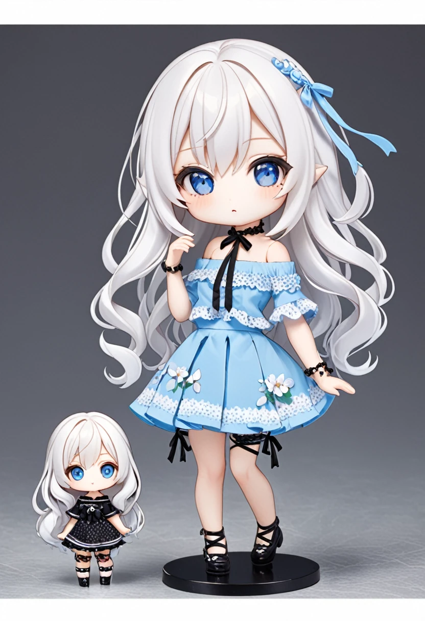 Ball jointed doll、girl、Off-the-shoulder short-sleeve mini skirt、Blue Eyes、White Hair、whole body、chibi