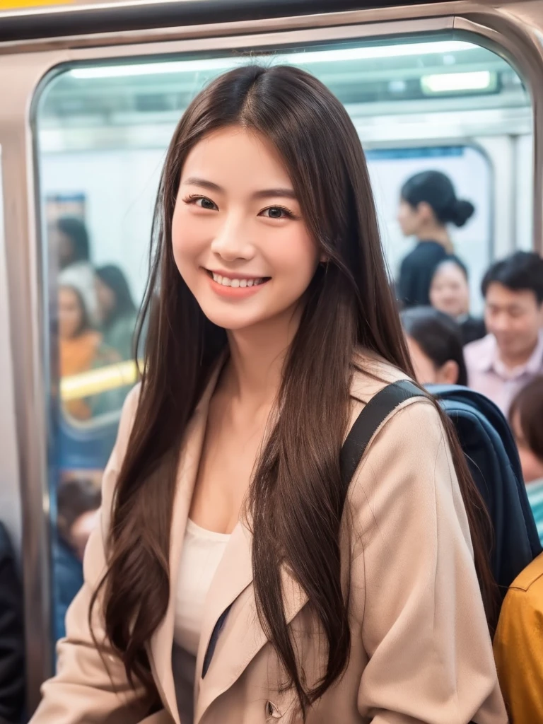A Chinese beauty smiles on a crowded subway,Air bubbles around the nose,The surrounding air is particularly fresh
