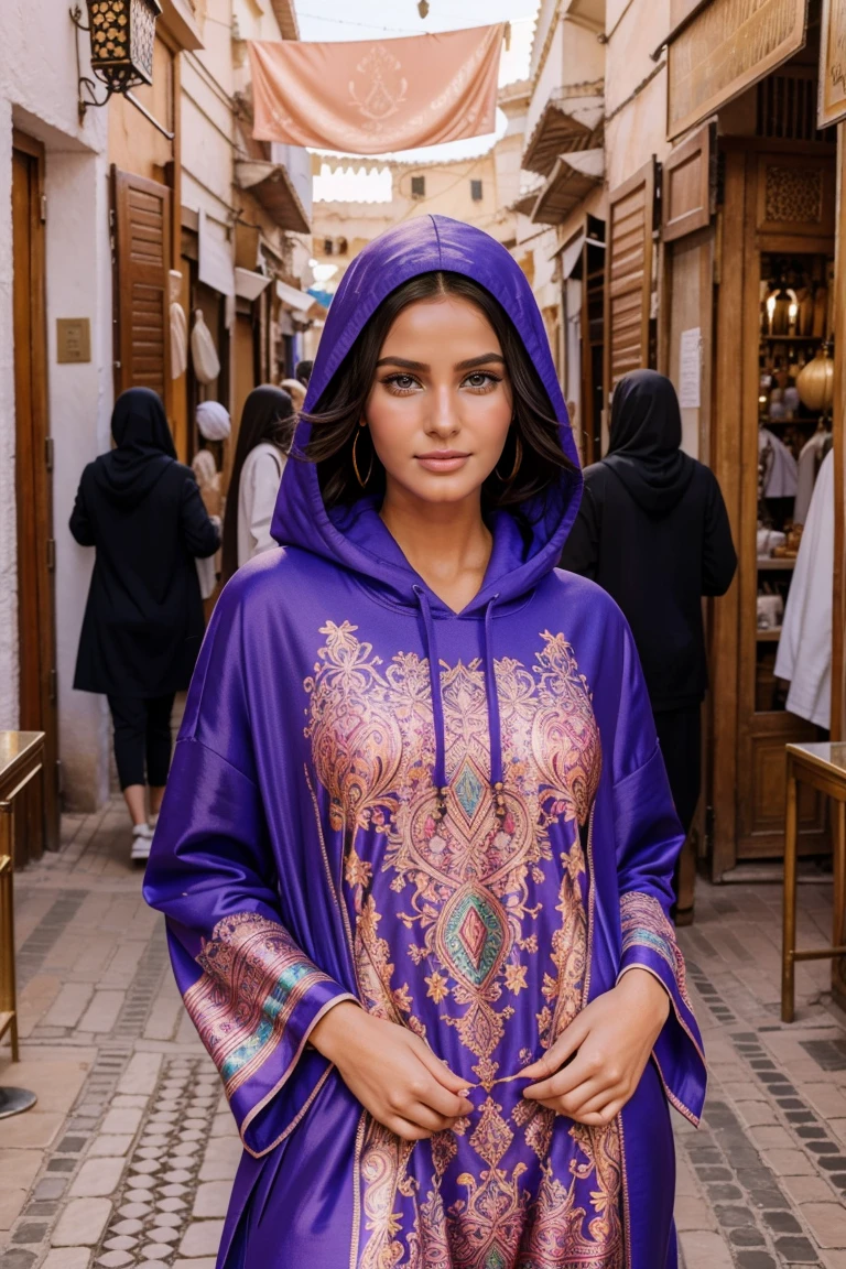 Des mannequins Instagram posent au souk de Marrakech, in colorful futuristic kaftan hoodie, tout le corps, beaux yeux detaileds, lèvres magnifiquement detailedes, yeux et visage extrêmement detaileds, court, belle rose Hair ((best quality)), ((head of'artwork)), (detailed), visage parfait, tout le corps
