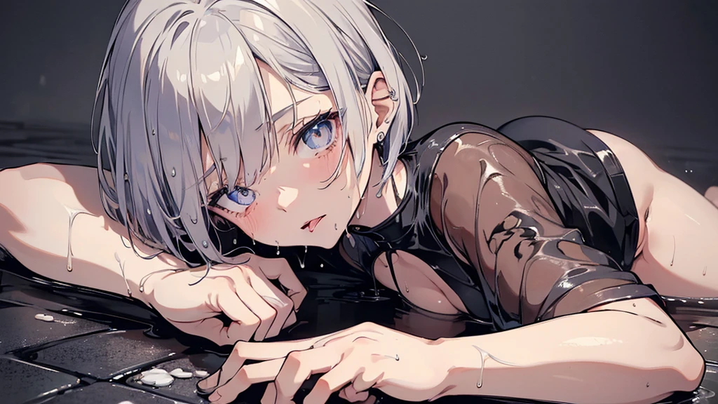 nsfw, ((Wet with bodily fluids)), ((Lying on your back)), flat color, masterpiece, Anime Style, Very delicate and beautiful, Ultra-detailed, High resolution, Best illustrations, Best Shadow, complicated, Sharp focus, high quality, God Artist, Small breasts, Sticking out tongue, One beautiful girl, Confused eyes, Silver Hair, Bob Cut Hair, Emo fashion, cyber punk