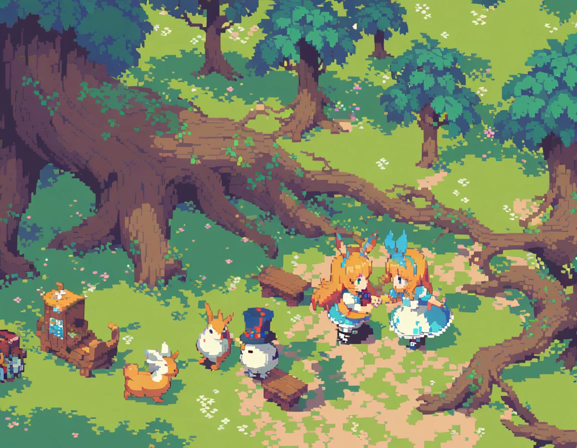 Pixel Art,Pixelated,8 bit,Retro game,Vibrant colors,Retro Style,Pixel animation,Low resolution，Alice's Adventures in Wonderland，Alice
