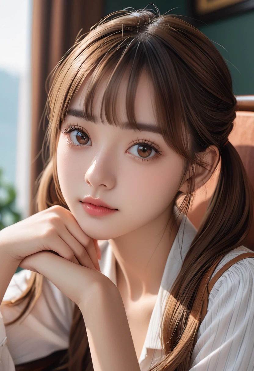 8K,best quality, masterpiece, Ultra-high resolution, (Reality:1.4), RAW photos, (Real skin texture:1.3), (Film Grain:1.3), (Selfie Angle),1 Girl, twintails,  Brown hair, sit, Chair, boring, Chin on hand, Beautiful and detailed eyes and face,masterpiece, best quality,close up,Upper body,