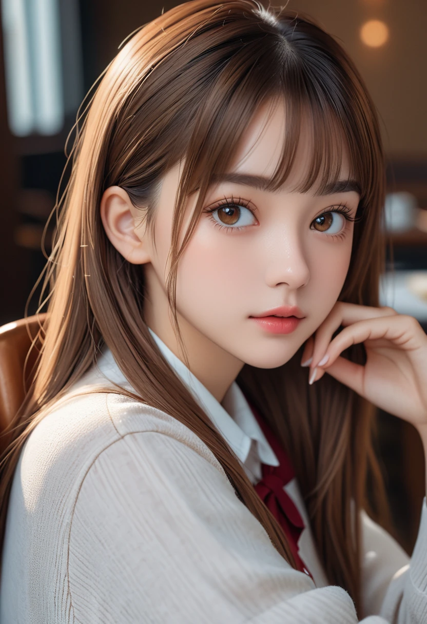 8K,best quality, masterpiece, Ultra-high resolution, (Reality:1.4), RAW photos, (Real skin texture:1.3), (Film Grain:1.3), (Selfie Angle),1 Girl, twintails,  Brown hair, sit, Chair, boring, Chin on hand, Beautiful and detailed eyes and face,masterpiece, best quality,close up,Upper body,