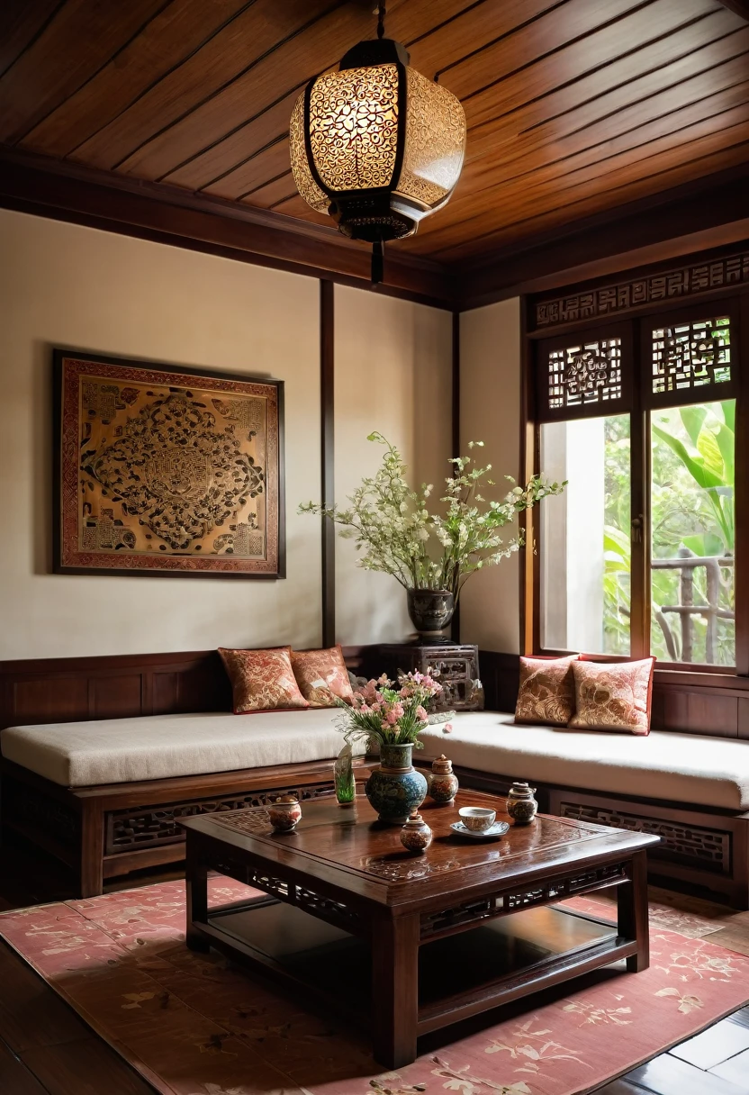 A cozy and elegant corner of a traditional Asian living room, seen from a low angle beneath a wooden coffee table. The table features a beautiful tea set and a simple, elegant floral arrangement. The rich textures of the wooden floor and intricate tile patterns are visible, along with plush cushions on the sofa and softly glowing lanterns on the walls. The room exudes a tranquil and inviting atmosphere with traditional Asian design elements. ((8k)), high quality detail, soothing and elegant ambiance.
, ((8k)), ((UHD)), 8k, high quality detail, realistic photo, luxurious, beautiful, modern, soothing, cozy, peaceful, cottagecore