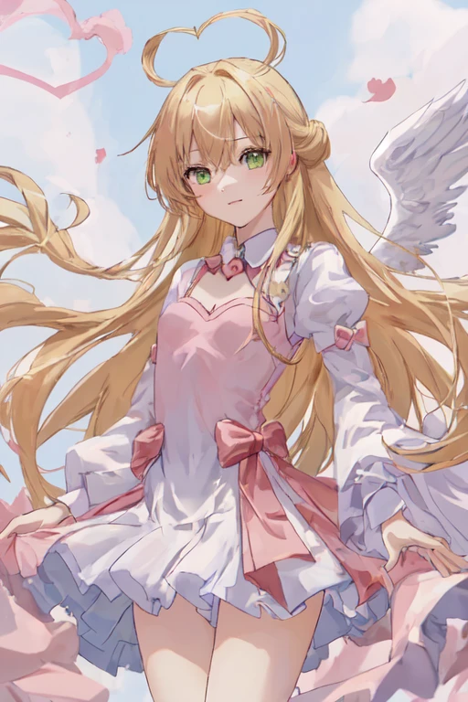 1_girl, (anime, kawai:2), (masterpeice, best_quality, clean:1.5), (sky_background:1.2), (cute, cute_smile, young:1.5), (delicate, extremely_delicate, beautiful, thin:1.5), (girlfriend, angel:1.8), (green_eyes, simple_eyes:1.8) (long_hair, blond_hair, wearing_pink_dress, pink_angel_wings, sexy_gloves:1.5), extremely_delicate, (love_magic:1.5), (age_size_fits_body), (small_thighs:1.3), (breasts), (eye_level:1.3), (heart_magic, love:1.5), (folded_legs:1.5)