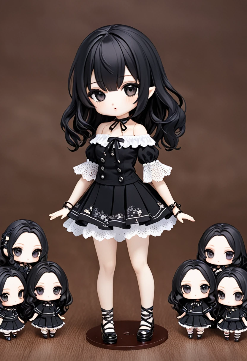 Ball jointed doll、girl、Off-the-shoulder short-sleeve mini skirt、Dark Eyes、Black Hair、whole body 、chibi