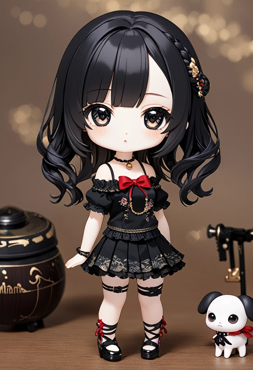 Ball jointed doll、girl、Off-the-shoulder short-sleeve mini skirt、Dark Eyes、Black Hair、whole body 、chibi