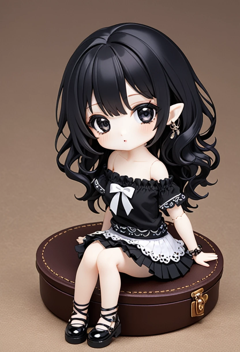 Ball jointed doll、girl、Off-the-shoulder short-sleeve mini skirt、Dark Eyes、Black Hair、whole body 、chibi