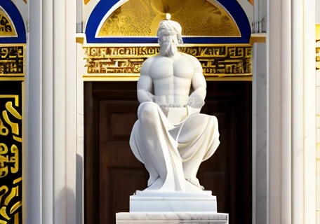 Design a powerful white light backdrop featuring mesmerizing white marble sculptures of wise, muscular figures from Greek mythology. Sculptures should embody strength, wisdom, And its realistic marble texture arouses interest., Showing off his prominent biceps and commanding beard. To add a classic touch, Include elegant marble Greek columns in the background. The overall design iust evoke a sense of motivation and inspiration, drawing viewers into the captivating world of ancient wisdom and artistry. matic
