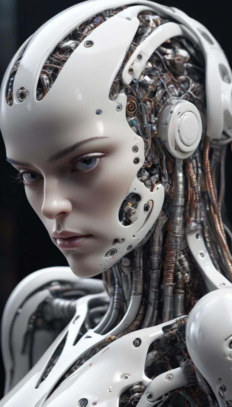 complex 3d render ultra detailed of a beautiful porcelain profile woman android face, cyborg, robotic parts, 150 mm, beautiful studio soft light, rim light, vibrant details, luxurious cyberpunk, lace, hyperrealistic, anatomical, facial muscles, cable electric wires, microchip, elegant, beautiful background, octane render, H. R. Giger style, 8k, best quality, masterpiece, illustration, an extremely delicate and beautiful, extremely detailed ,CG ,unity ,wallpaper, (realistic, photo-realistic:1.37),Amazing, finely detail, masterpiece,best quality,official art, extremely detailed CG unity 8k wallpaper, absurdres, incredibly absurdres, robot, silver halmet, full body, sitting