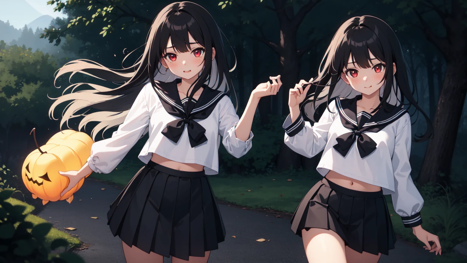 ((best quality)), ((masterpiece)), (detailed), 1girl, cute,Black Hair,,肩までの長さのBlack Hair,Medium length hair,Red Eyes,Night Forest,Spooky Forest,Sailor suit,Black and white ,Pleated skirt