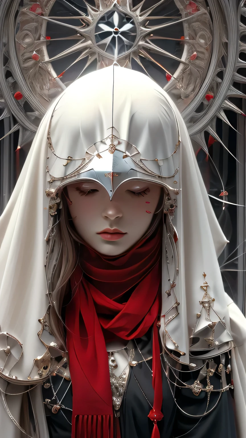 Shadrach Yaroselev&#39;s《goddess》, Gothic Future Style, Dark white and light red, Highly detailed illustration, Ultra-high definition images, Gorgeous costume details, Complicated costumes, (cathedral:1.6)(Beautiful and clear background:1.4),
(Transparent eye mask:1.1),  (scarf:1.3),Red lines under the eyes,Open your eyes
 