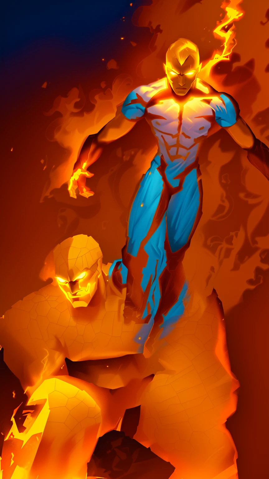 a cartoon of Marvel comic book characters 'The Thing' and 'The Human Torch'. The Thing is an orange rock man in a blue shorts, positing on rock super hero pose, from the thing, high detail iconic character, posing for a fight intricate, crouching humanoid, the thing, most strongest pose, clenching, by Robert Richenburg, fighting pose, buff man, heroic masculine pose, aggressive pose, serpentine pose gesture. The Human Torch is a man on fire, he has yellow eyes and mouth and a red body and is surrounded by yellow fire. NO background. White back drop. NO background color.
