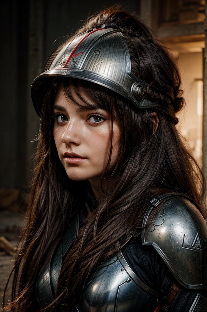 Illustration of a warrior girl in a helmet with long hair and red eyes.