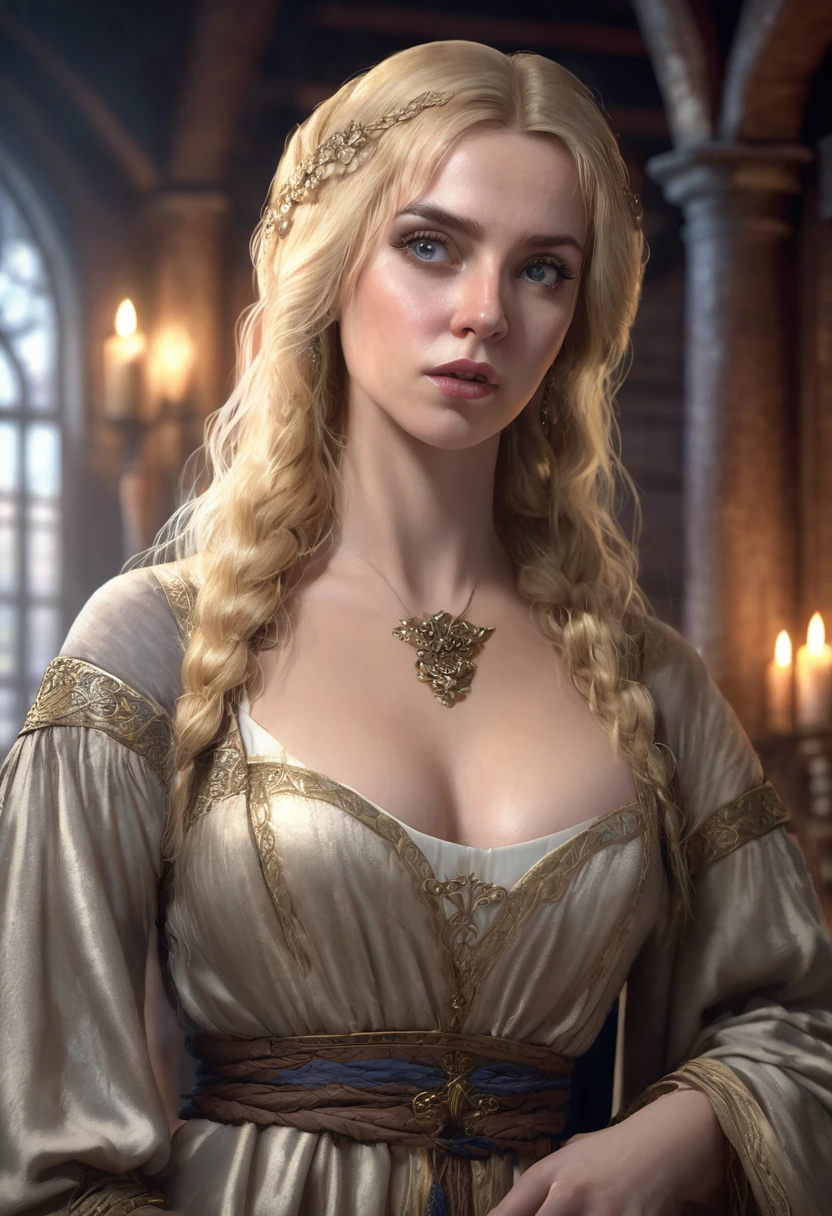 1 woman, inside a medieval room, wearing very low-cut courtesan clothing, detailed facial features, beautiful eyes, detailed light-colored skin, medium blonde hair, embarrassed expression, dramatic lighting, cinematic composition, cold color palette, atmospheric fog, (best quality,4K,8K,high resolution,Artwork:1.2),ultra-detailed,(realistic,photorealistic,photo-realistic:1.37)