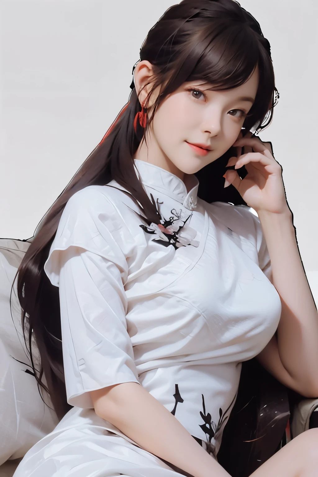 masterpiece, best quality, High resolution, 1 girl, Colored hair, Hair covers one eye, Red hair, multicoloRed hair, long hair, Purple Eyes, Two-tone hair, hair tie, earphone, white hair, , Bangs, very long hair, Medium breasts, Black skirt,(Huge breasts:1.2),Moist skin