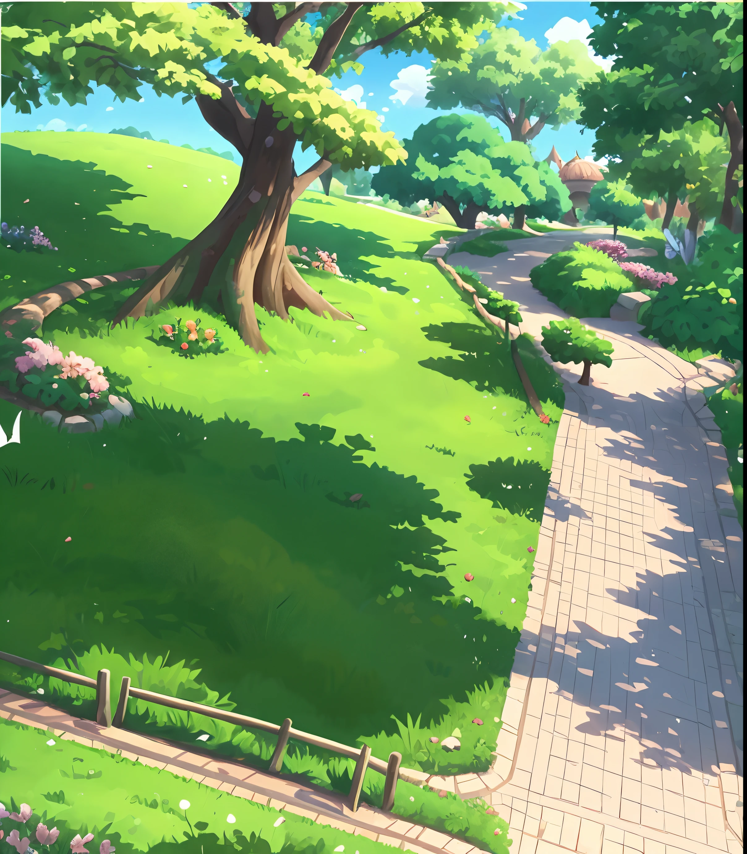 Cartoon landscape of a park with a path and trees., textbook scenario concept art, , Beautiful children landscape illustration, cartoon background art, Makoto Shinkai's Story, detailed landscape—width 672, Makoto Shinkai. high detail, countryside