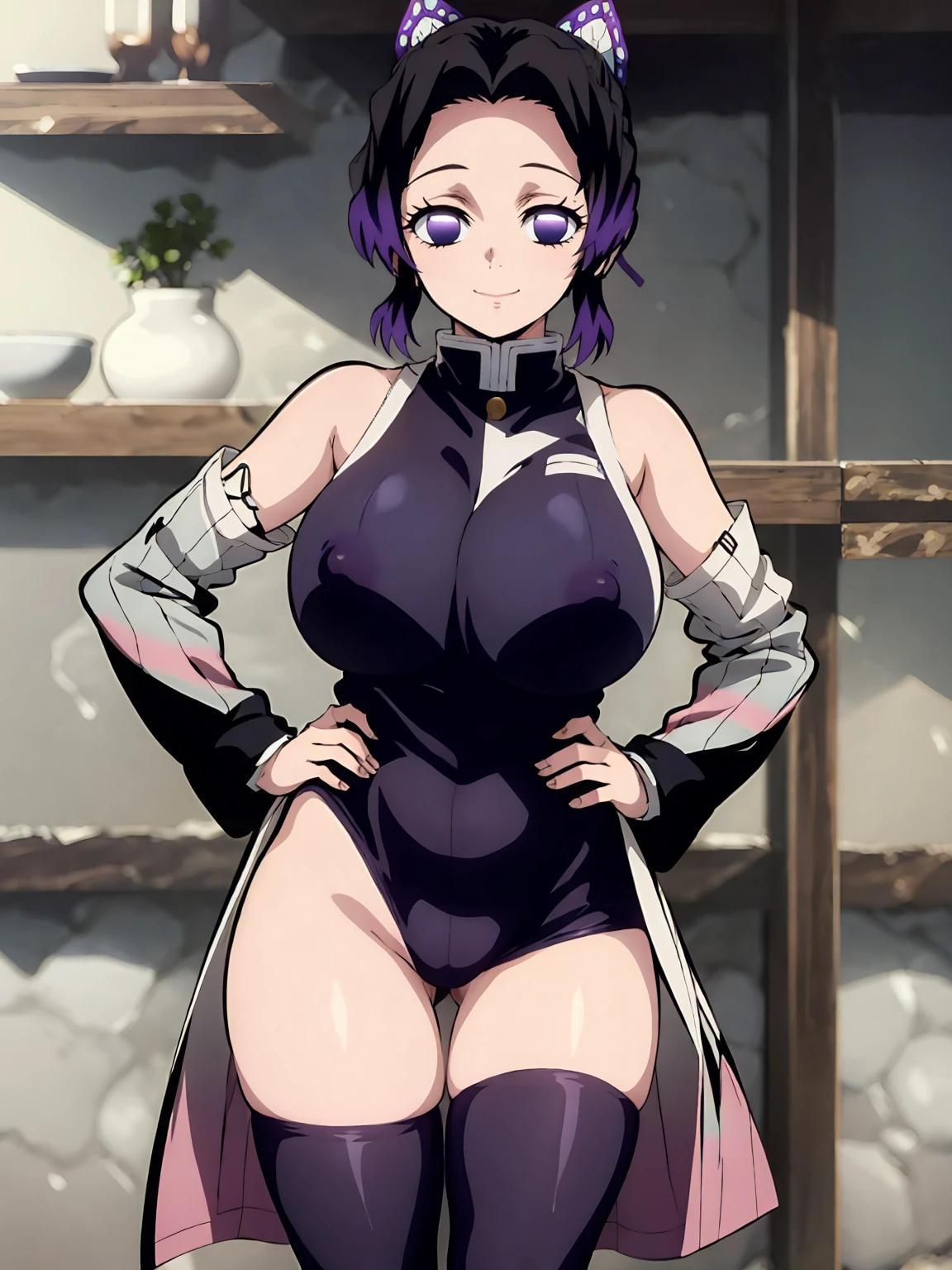 Kochou shinobu, 4k, absurd, high resolution, very high resolution, high definition, masterpiece, Short hair, purple hair, Separate bangs, Hair Adorno, erfly hair ornament, Purple eyes, Slayer Demon Uniform, sleeveless, black high-leg leotard, zettai ryouiki black thighhighs, cowboy shot, looking_at_viewer, lite smile, closed mouth, hairy natural public hair, natural armpit hair, huge_breaect nippstandid on hip, skinny, short stack