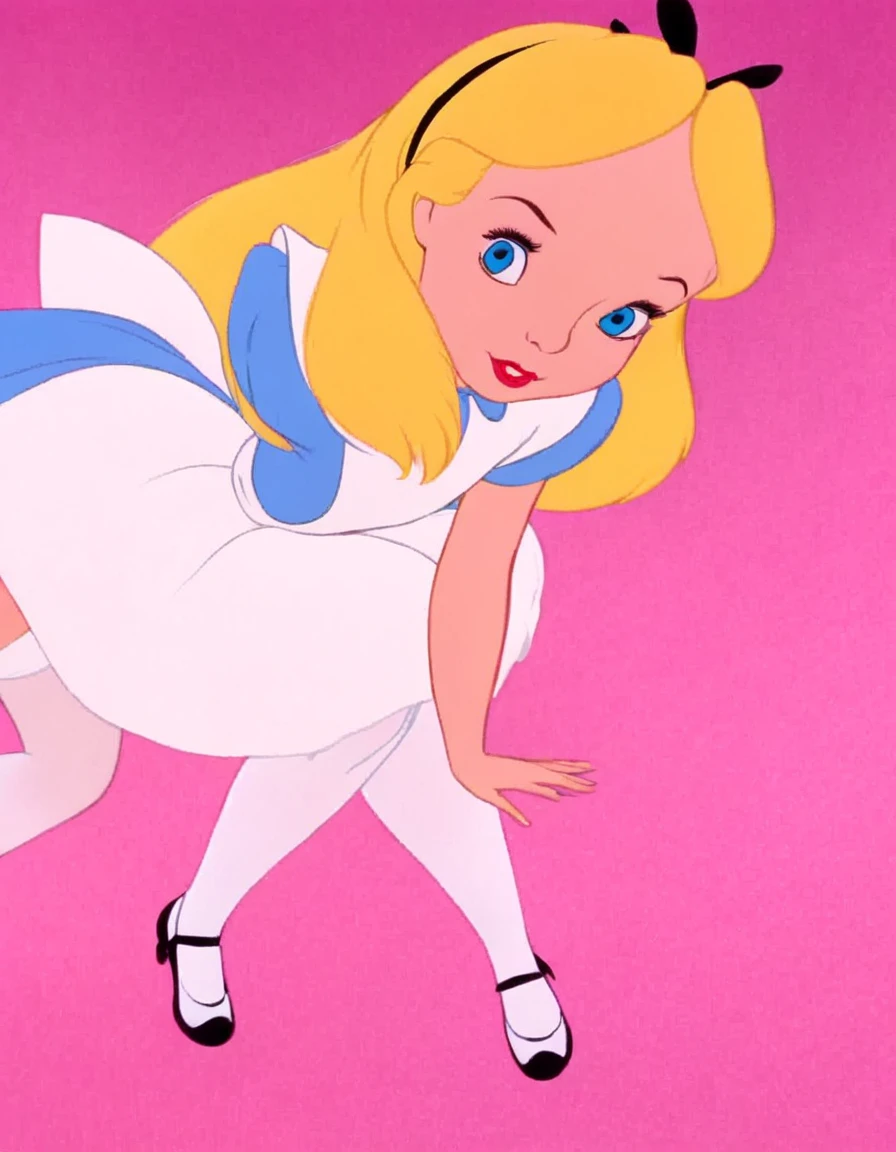 wxaliwonlan, 1girl, solo, long hair, blue eyes, blonde hair, alice (alice in wonderland), disney cartoon, best quality, upskirt view, front view, white panties, white stockings, panty peek