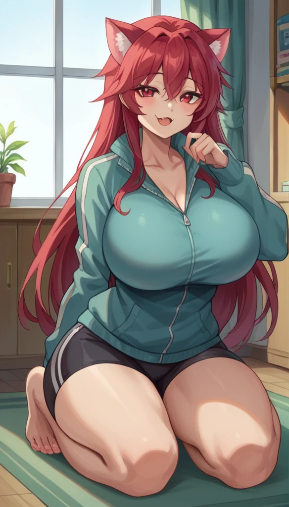 score_9, score_8_up, score_7_up, source_anime, 1girl, solo, nsfw allowed,
mari setagaya, human-form, 1girl, solo, long hair, looking at viewer, smile,, red eyes, red hair, fang,
Tight track jacket barely can hold her breasts, indoors, full body, very huge round breasts, very thick round thighs, large thighs, very wide hips, big round heart-shaped ass, tight clothes, milf, plumpy thighs, seductive, unzip her jacket, 10'5 feet tall, teasing the viewer, tight black short, cat ears