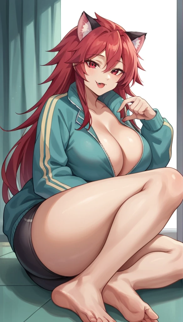 score_9, score_8_up, score_7_up, source_anime, 1girl, solo, nsfw allowed,
mari setagaya, human-form, 1girl, solo, long hair, looking at viewer, smile,, red eyes, red hair, fang,
Tight track jacket barely can hold her breasts, indoors, full body, very huge round breasts, very thick round thighs, large thighs, very wide hips, big round heart-shaped ass, tight clothes, milf, plumpy thighs, seductive, unzip her jacket, 10'5 feet tall, teasing the viewer, tight black short, cat ears